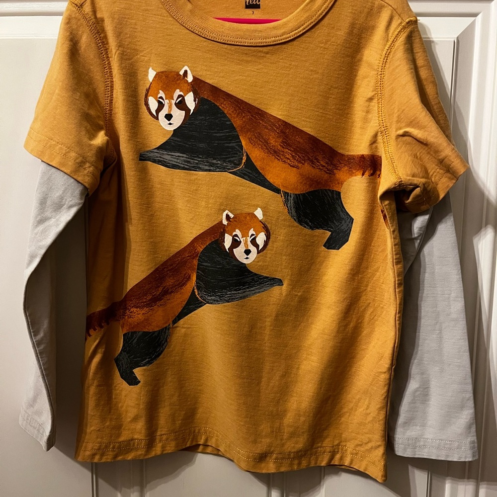 Tea Collection Mustard and Light Gray Long-Sleeve Tee with Red Panda Print